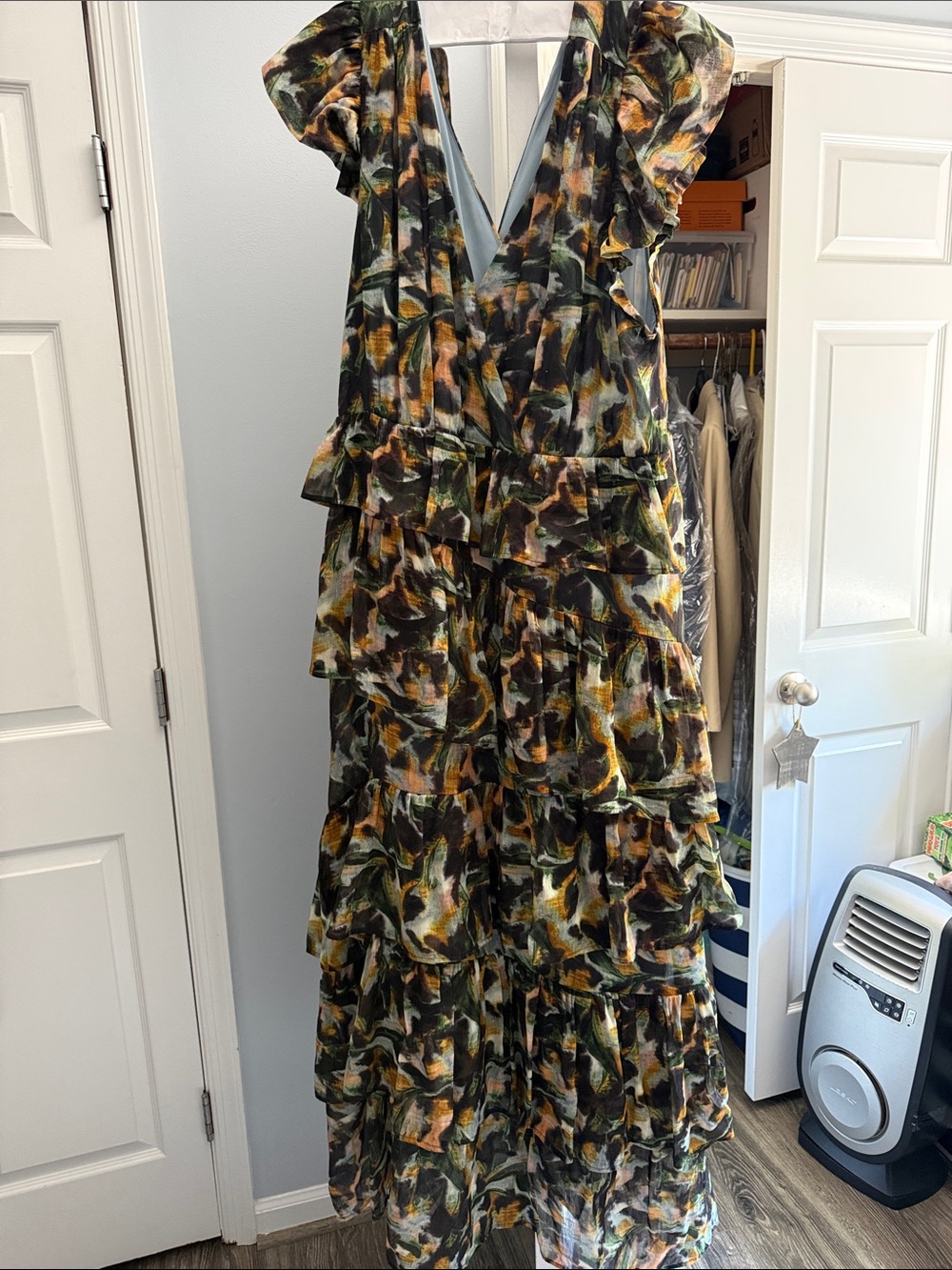 Marie Oliver Olive Green and Mustard Floral Tiered Maxi Dress